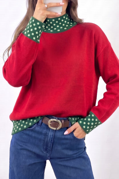 Fiery Red Polka Dot Contrast Mock Neck Sweater