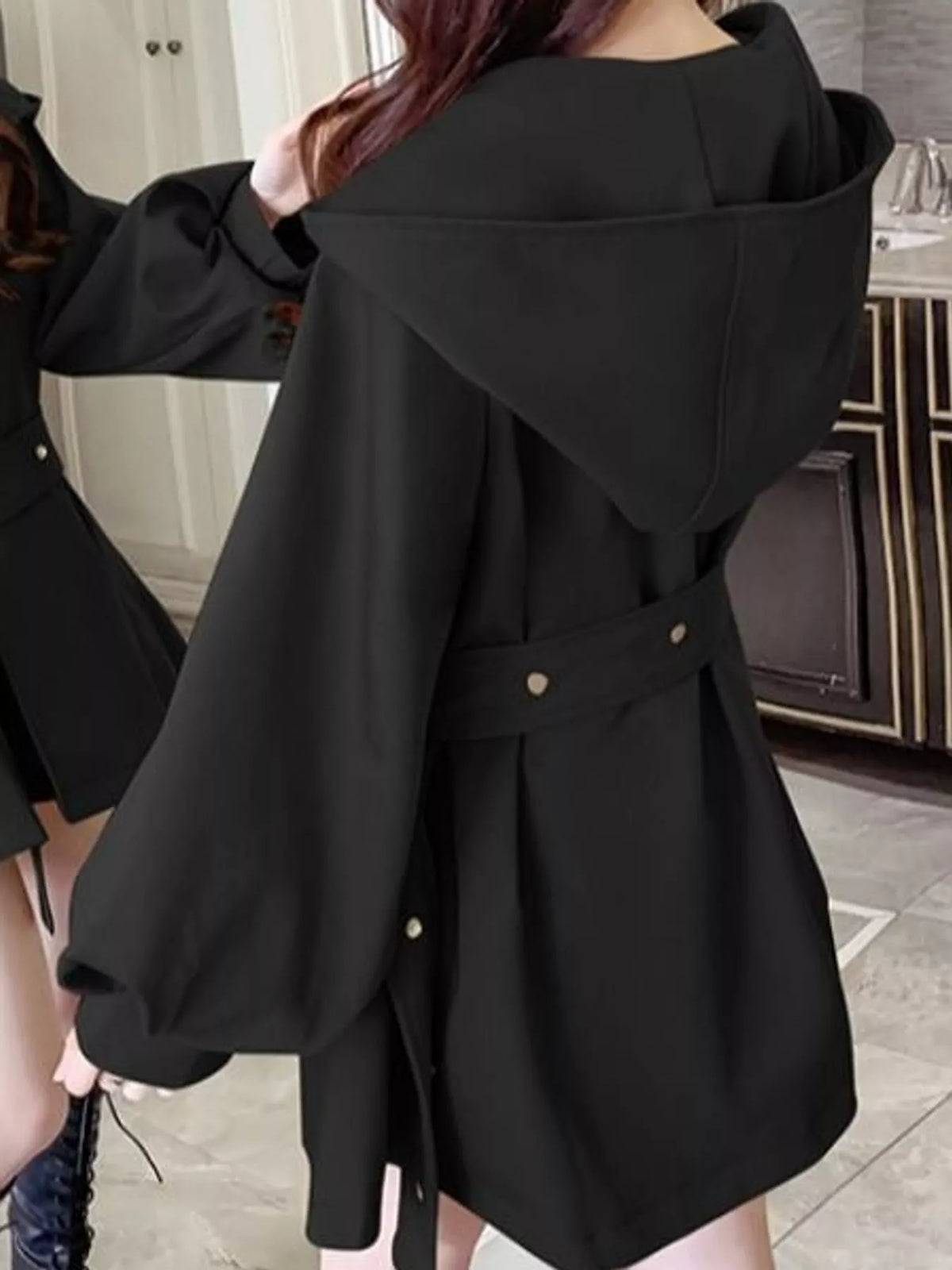 Lantern Sleeve Hooded Outerwear with Belted Waist