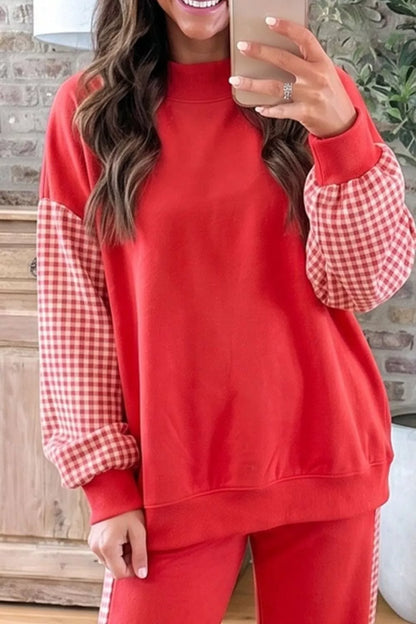 Plaid Contrast Long Sleeve Top And Wide Leg Pants Set