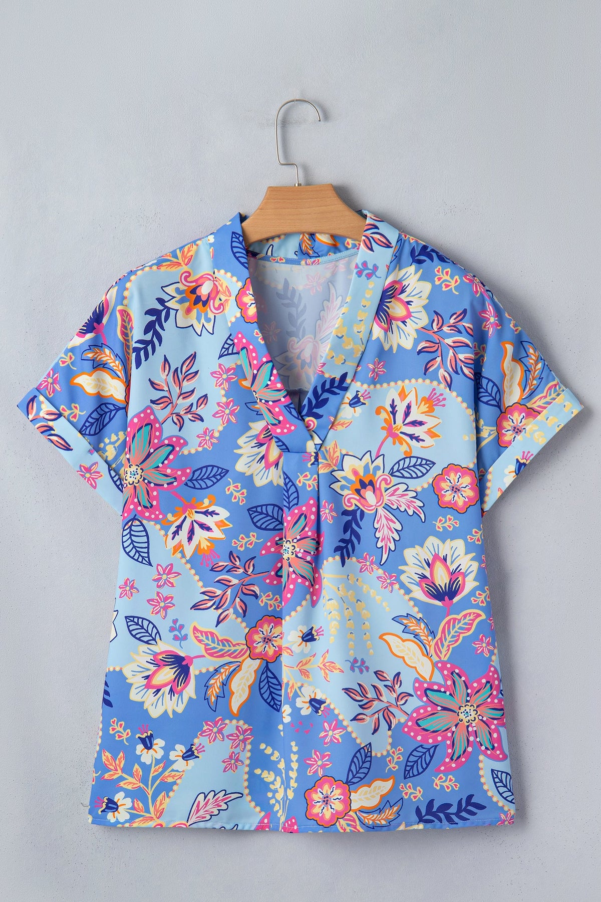 Purple Vacation Floral Print V Neck Short Sleeve Blouse