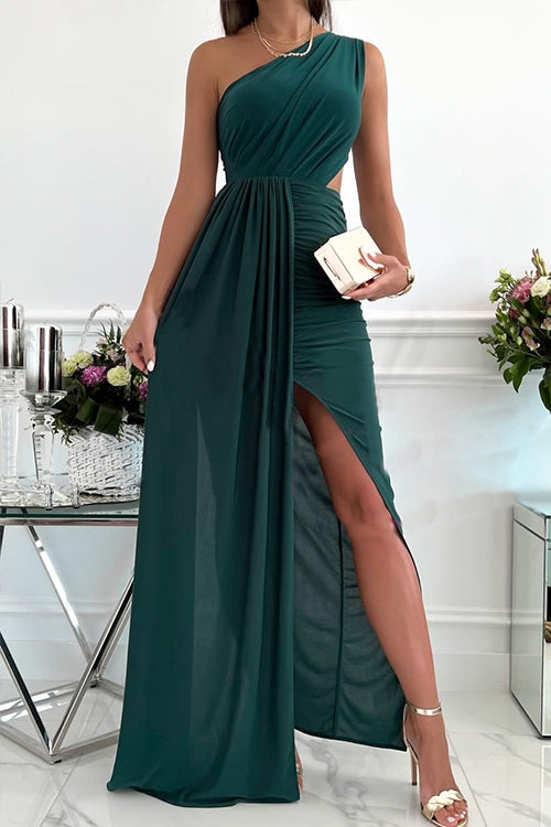 Solid One Shoulder Sleeveless Cut Out Slit Maxi Dress Green