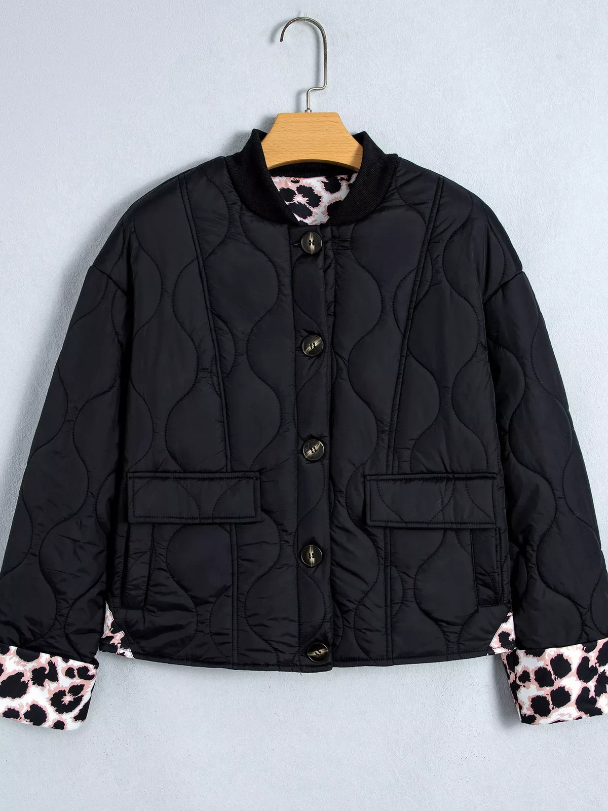 Quilted Leopard Cuff Button Down Puffer Jacket