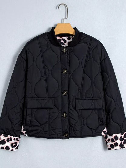 Quilted Leopard Cuff Button Down Puffer Jacket