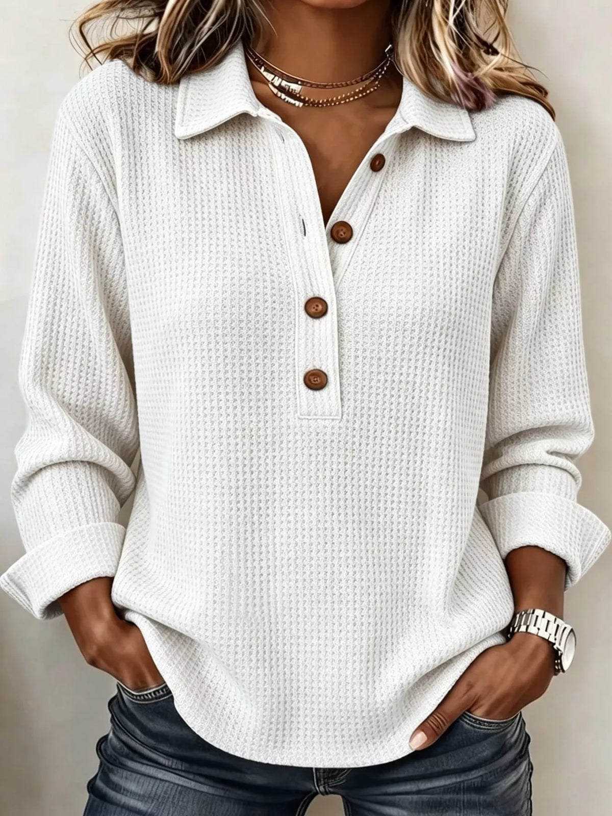 Full Size Waffle Knit Long Sleeve Polo Top Plus Size