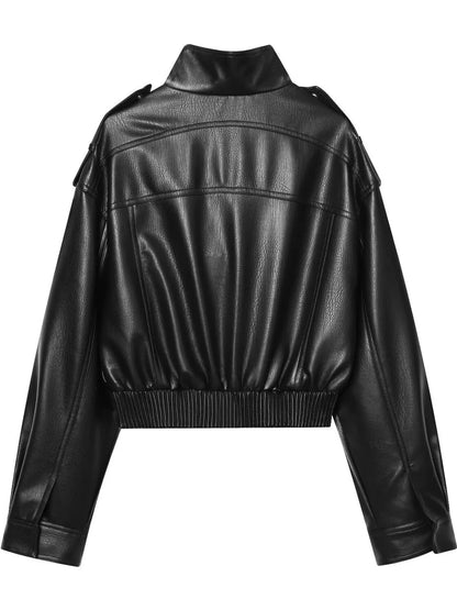 Faux Leather Cropped Bomber Jacket