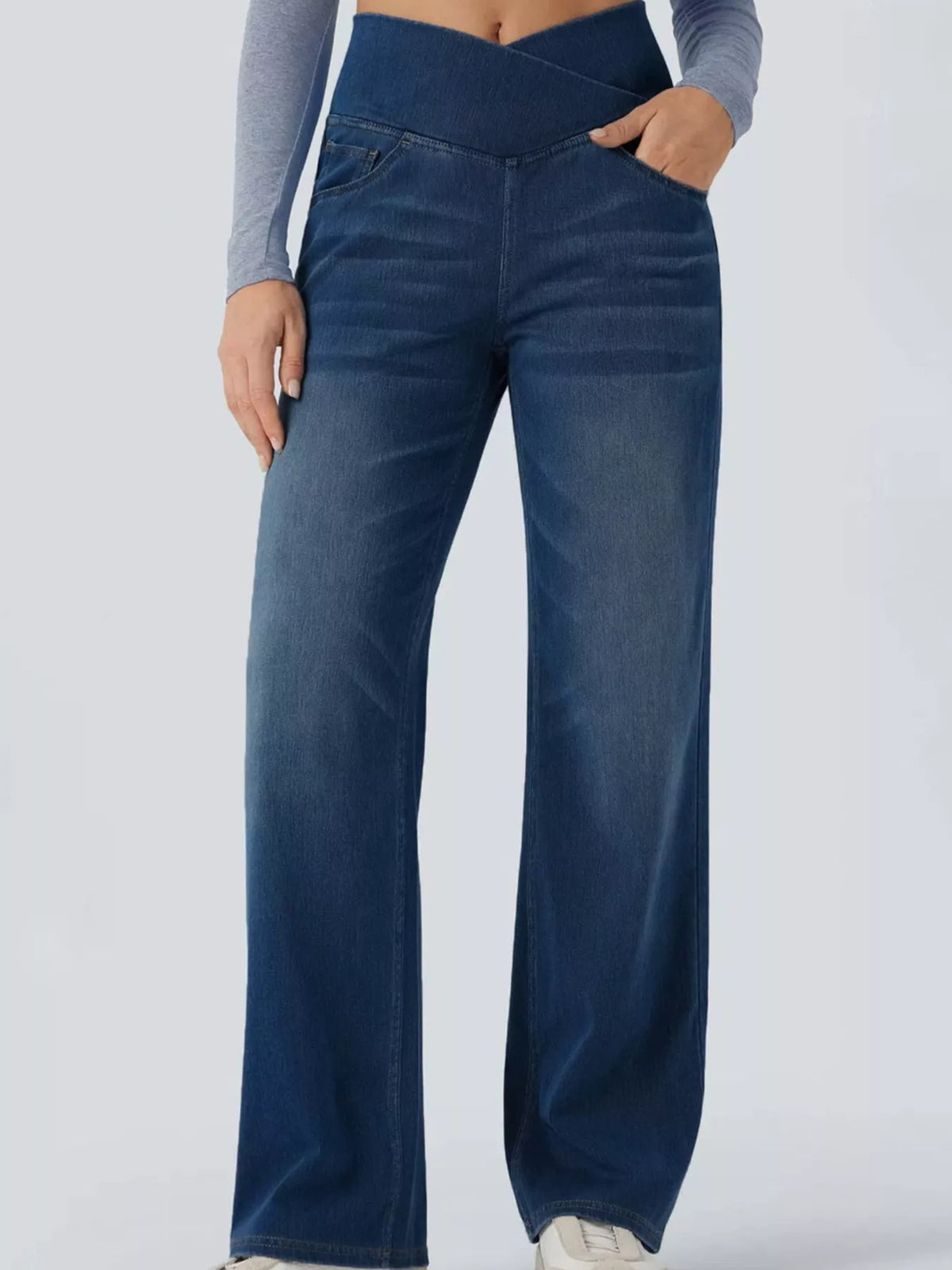 High Waisted Stretch Jeans with Crossover Waist | Straight Leg