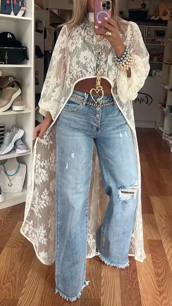 Round Neck Lace Short Front and Long Back Casual Top Beige S