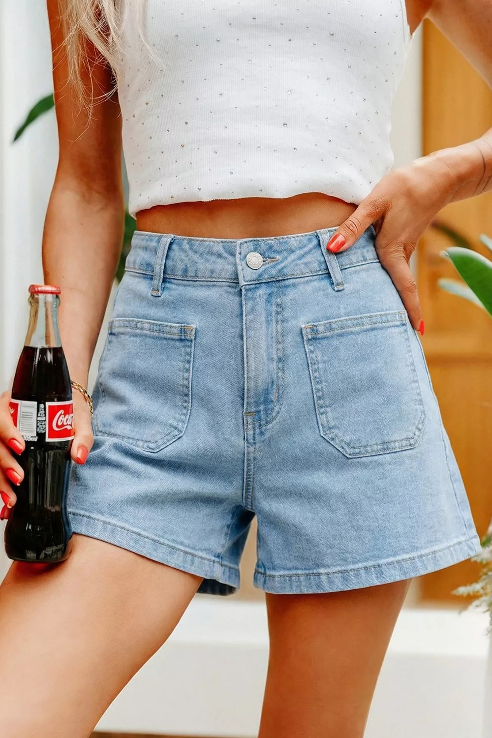 High Rise Patch Pocket Denim Shorts