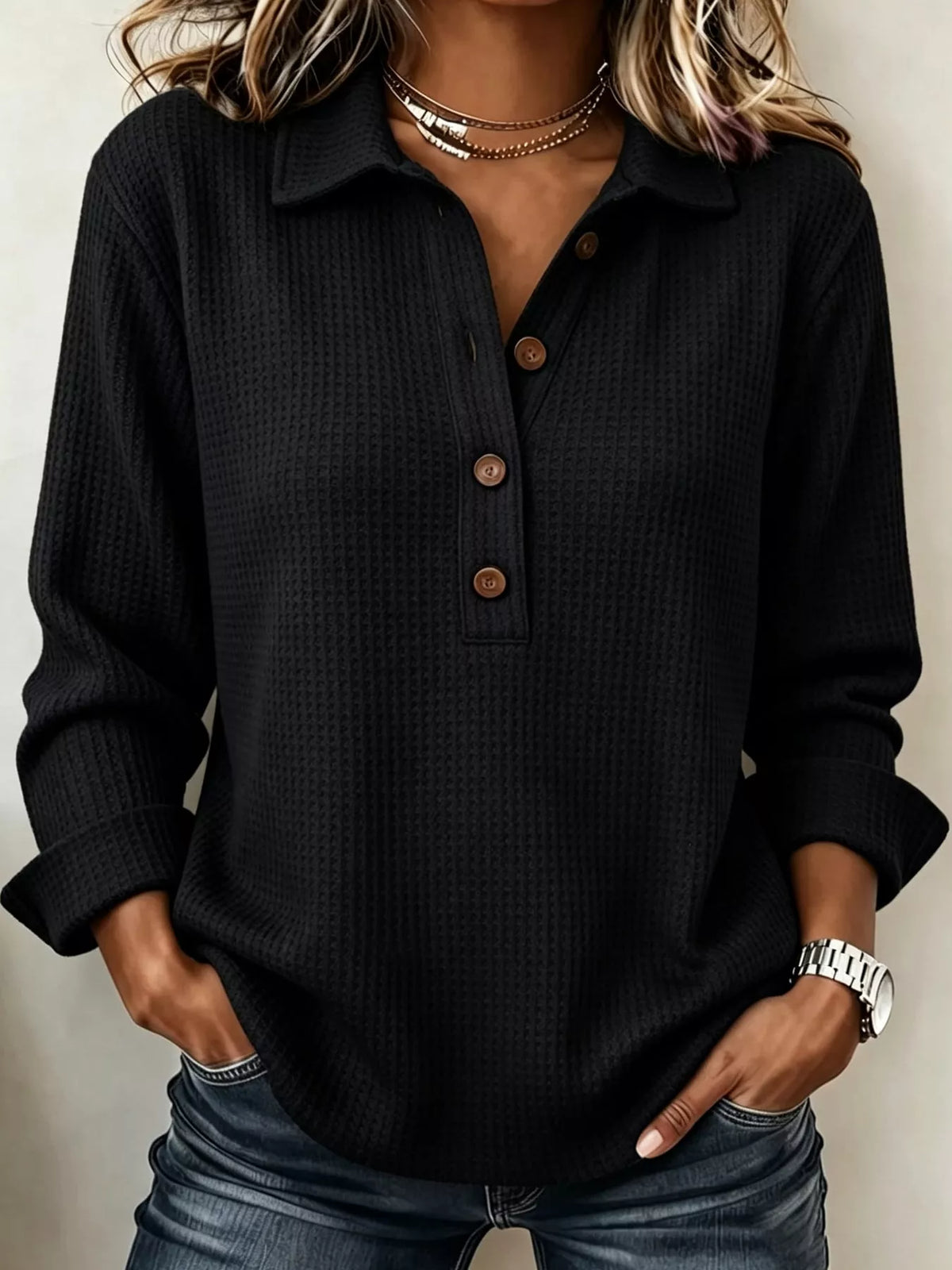 Full Size Waffle Knit Long Sleeve Polo Top Plus Size