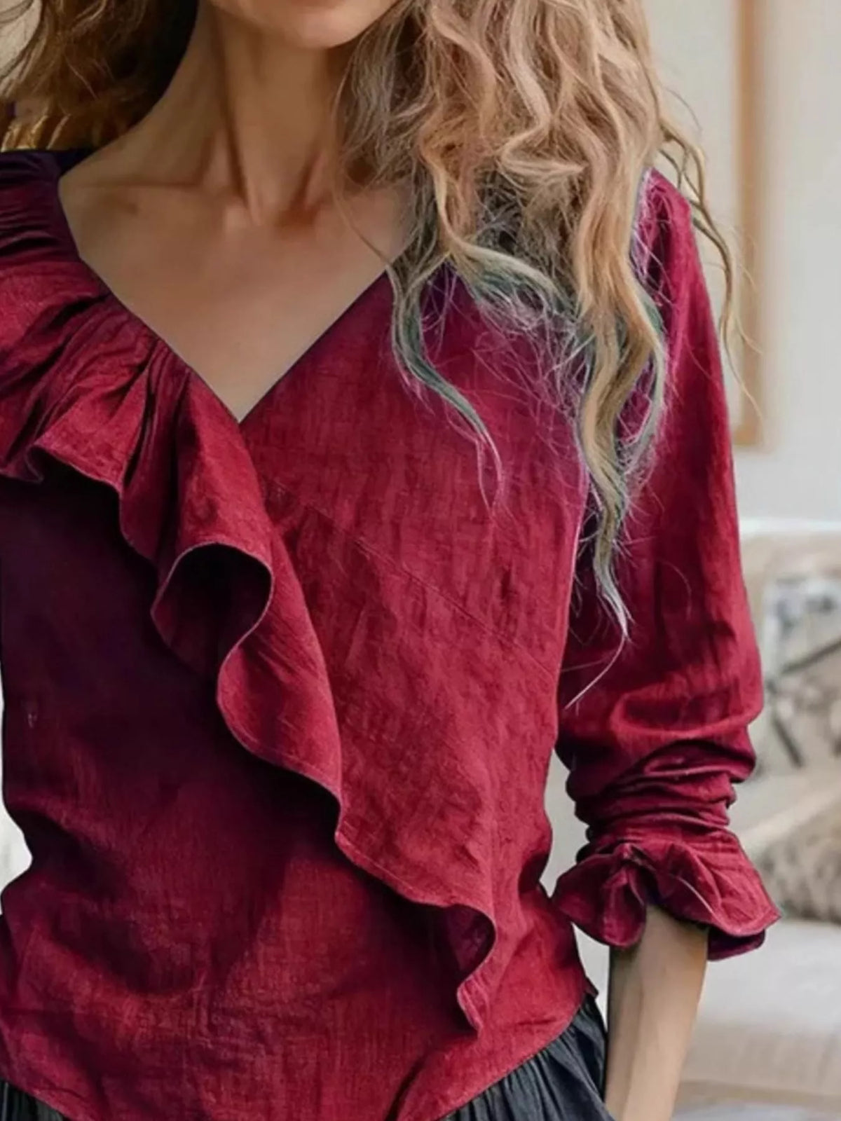 V-Neck Ruffled Long Sleeve Blouse