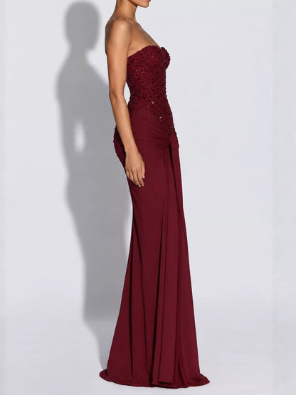 Elegant Strapless Sequin Corset Maxi Dress with Draped Waist Detail