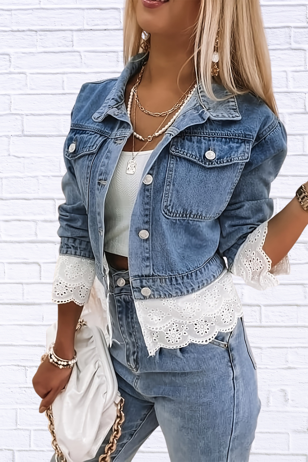 Cropped Denim Jacket with Lace Trim