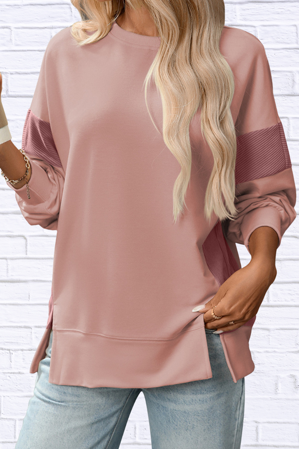 Slit Round Neck Long Sleeve Sweatshirt Pink