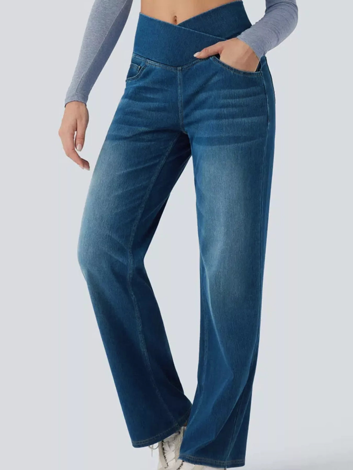 High Waisted Stretch Jeans with Crossover Waist | Straight Leg