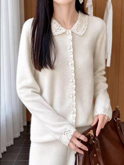 Lace-Collar Button Down Knit Cardigan