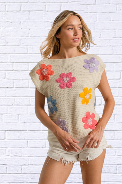 Multi Jeweled Crochet Flower Patch Sweater Vest