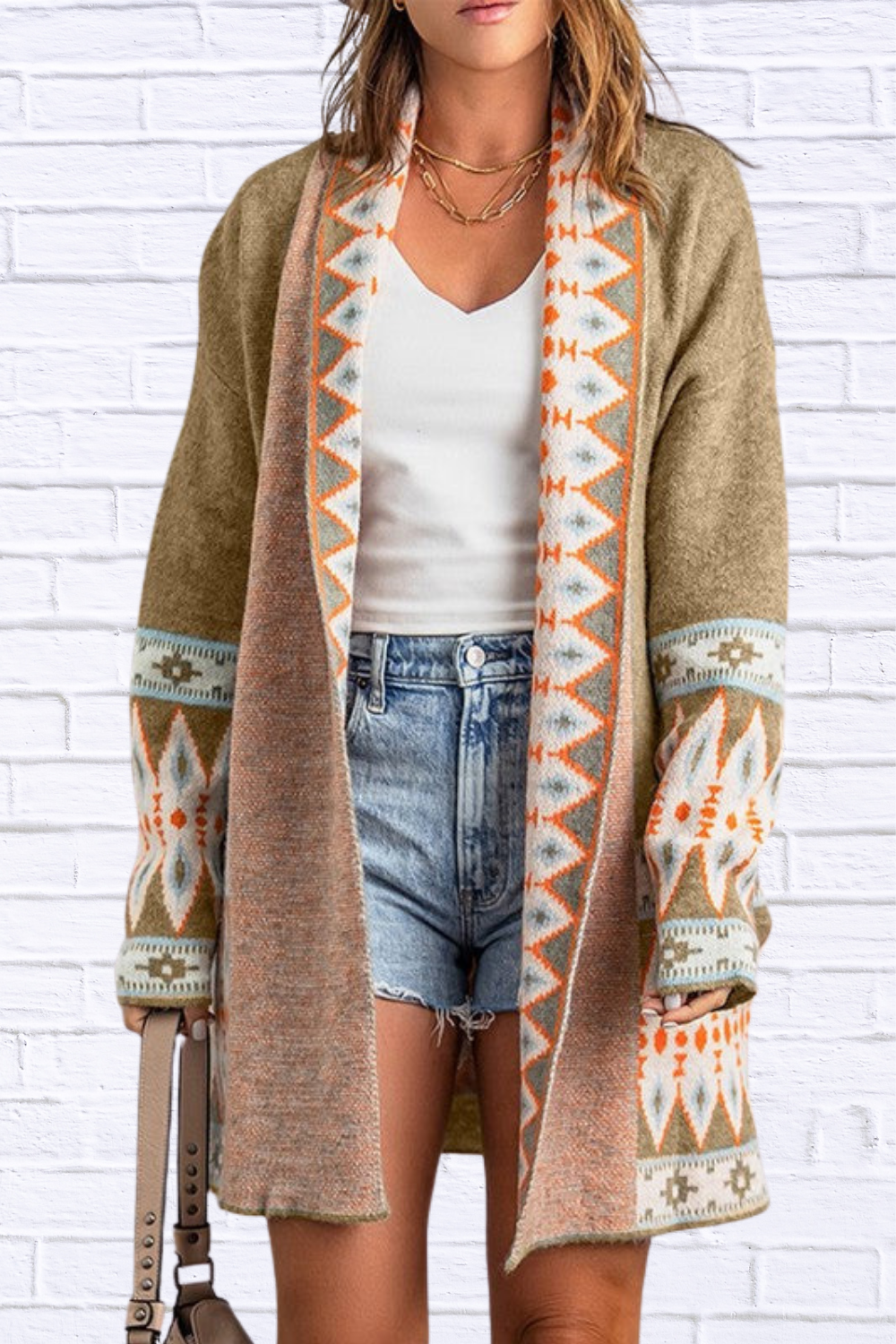 Aztec Print Open Front Knitted Cardigan Green