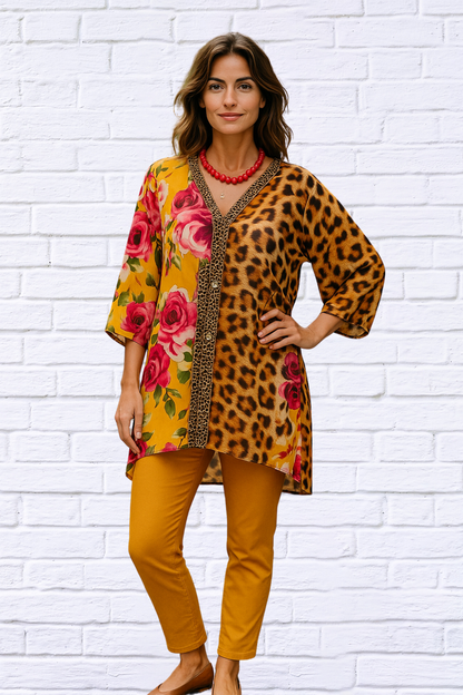 Demi Chiffon Combo Animal and Floral Blouse - Tangerine