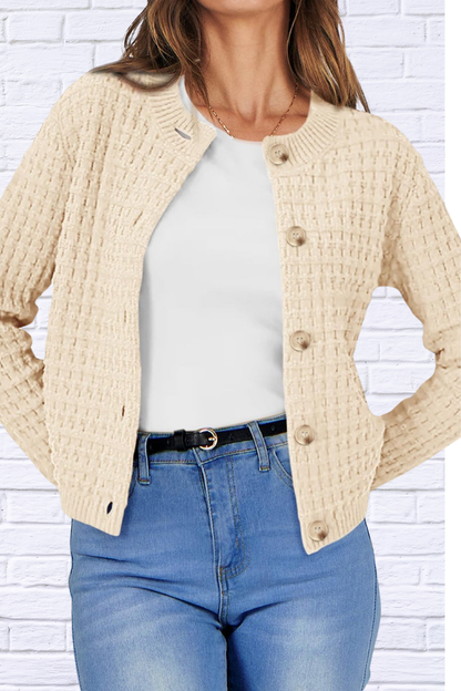 Textured Knit Button-Front Cardigan Apricot