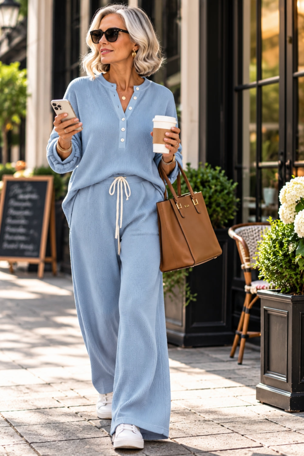 Women’s Waffle Knit Two-Piece Pants Set – Button-Front Top & Wide-Leg Pants