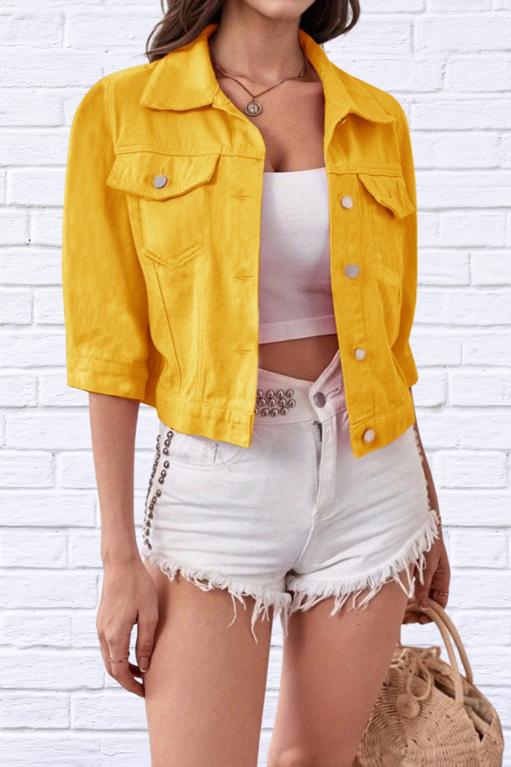 Full Size Cropped Denim Jacket Plus Size Gold
