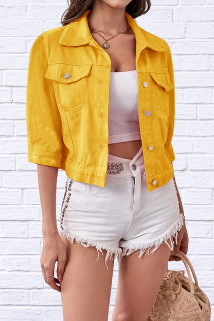 Full Size Cropped Denim Jacket Plus Size Gold