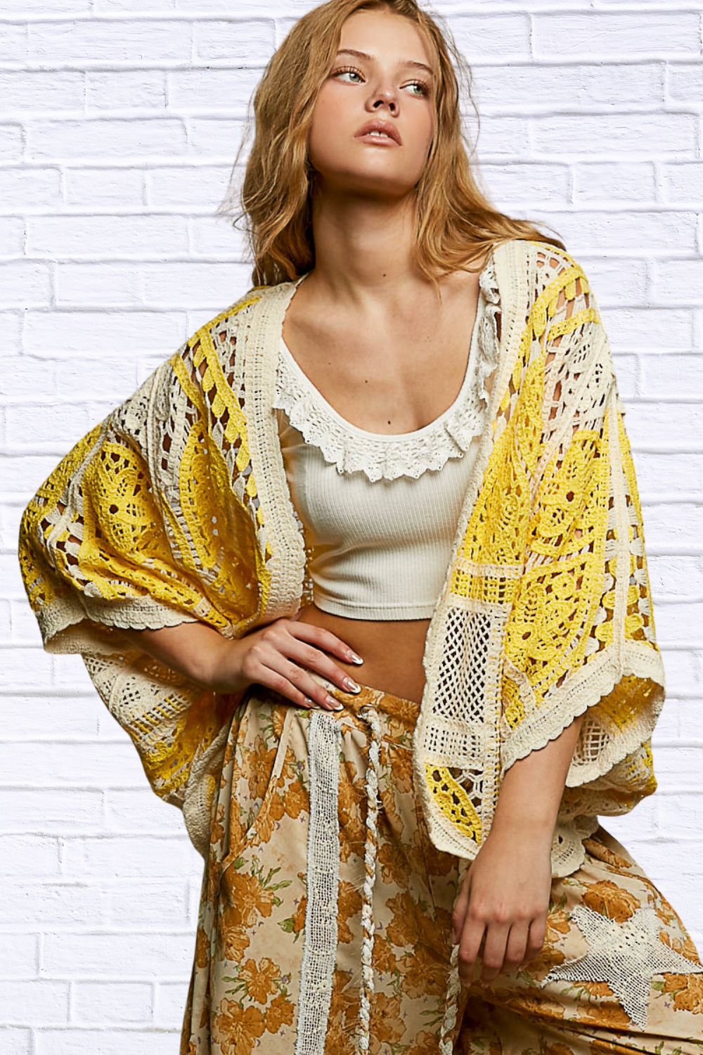 Golden Glow Open Front Crochet Cardigan with Scalloped Edge