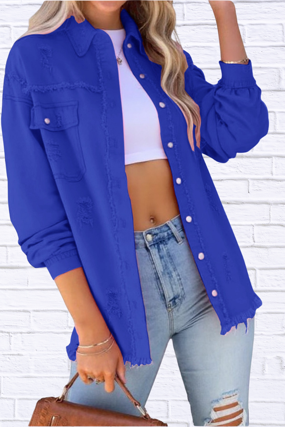 Distressed Denim Jacket with Frayed Edges Blue