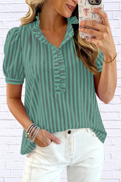 Frill Striped Puff Sleeve Blouse | Chic Women’s Top
