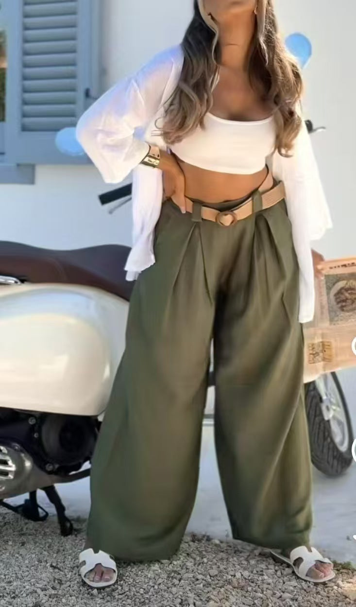 High Waist Pocketed Wide Leg Palazzo Pants