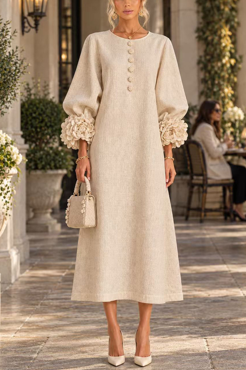 Floral Applique Puff Sleeve A-Line Midi Dress