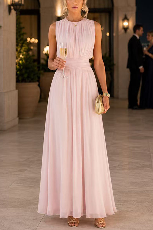 Crewneck Sleeveless Zipper Back Waisted Maxi Dress