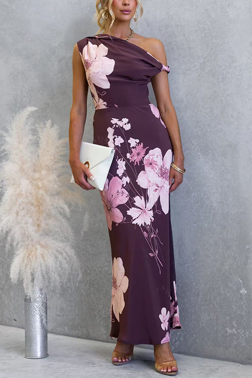 Asymmetrical Shoulder Floral Print Maxi Dress