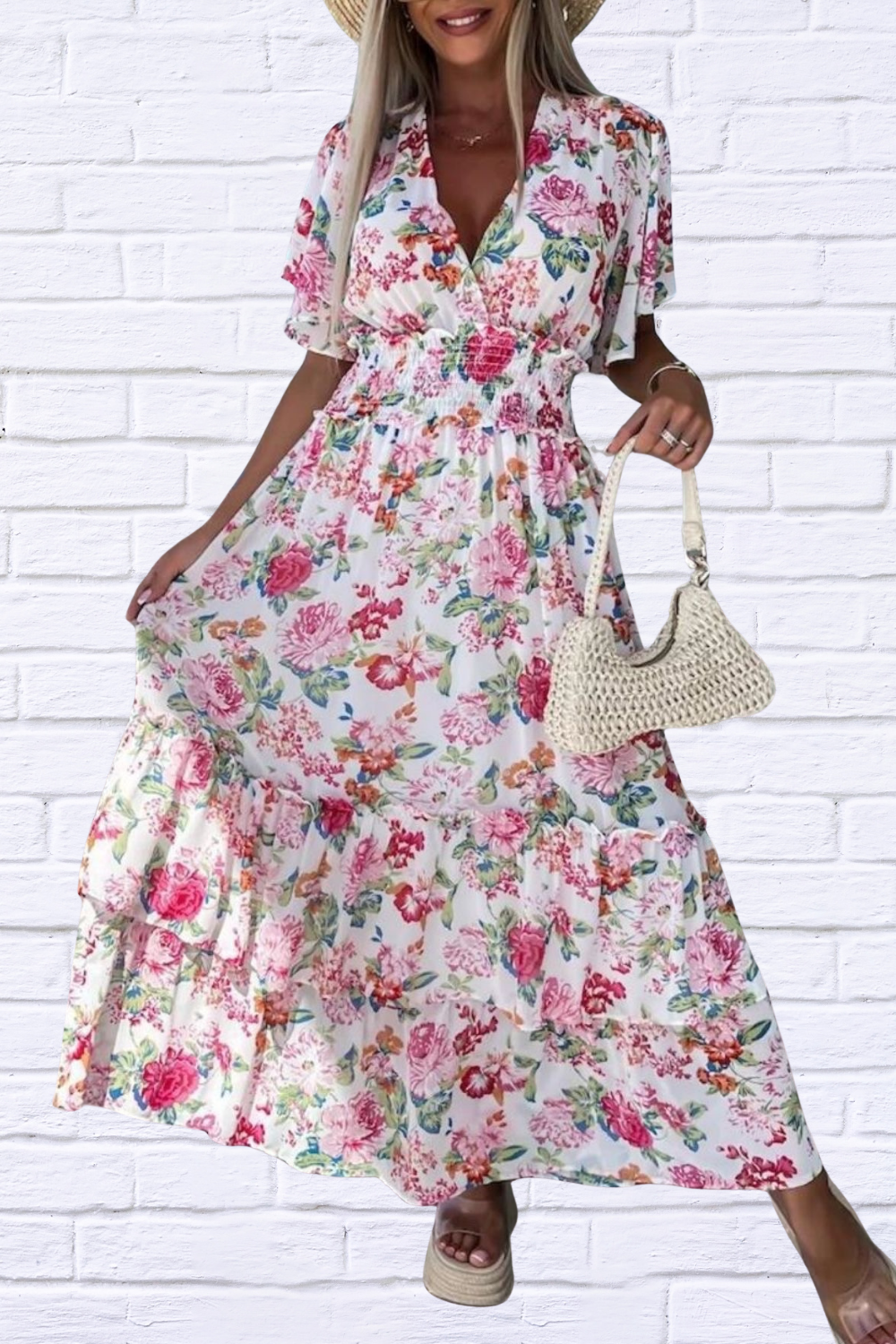 Floral Print Flutter Sleeve Maxi Dress White