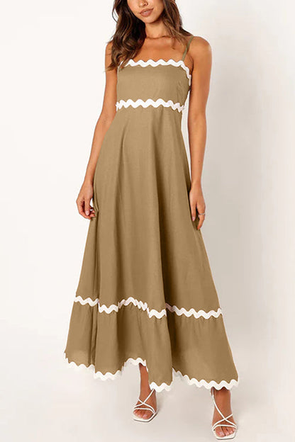 High Waist Ric Rac Print Swing Midi Cami Dress Khaki
