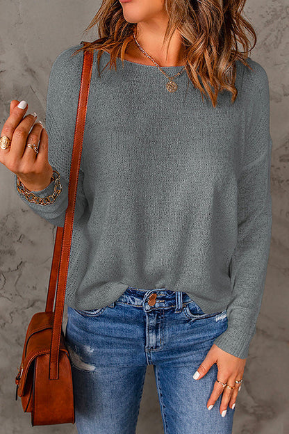 Drop Shoulder Long Sleeves Solid Knitting Sweater Gray