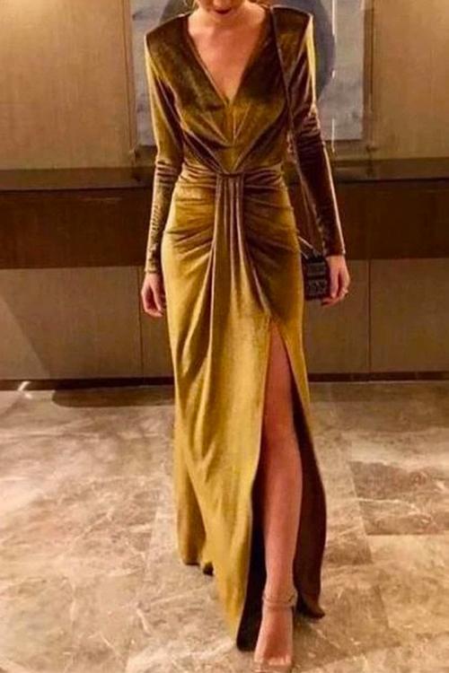 Deep V Neck Slit Ruched Velvet Party Dress(5 Colors Available) Gold