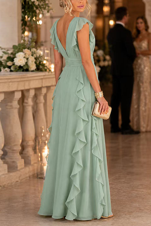 V Neck High Waist Solid Ruffle Maxi Dress