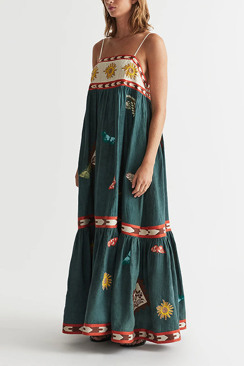 Spaghetti Strap Backless Printed Swing Maxi Sun Dress