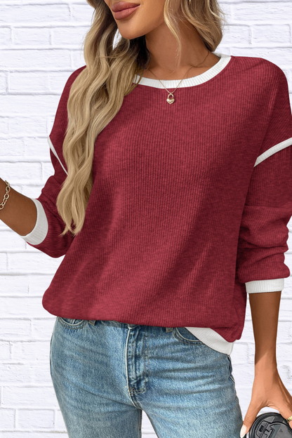 Ribbed Contrast Trim Long Sleeve Top Burgundy