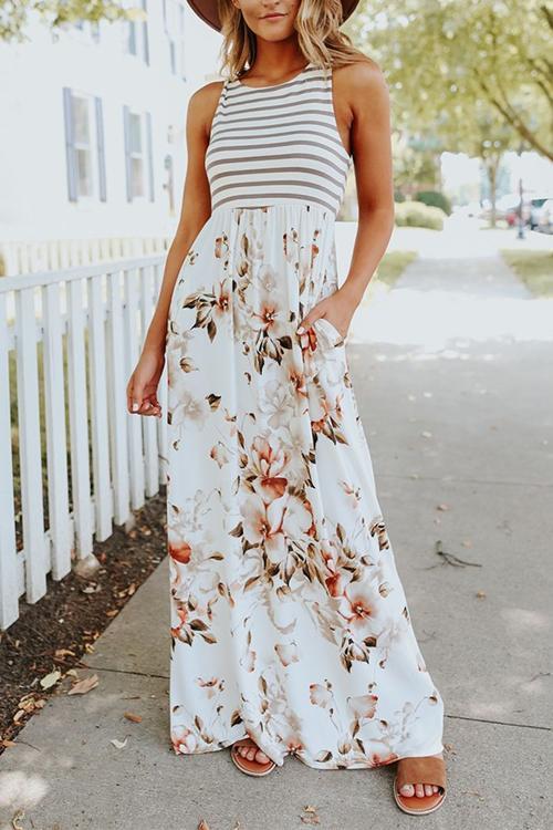 Sleeveless Stripes Splice Floral Maxi Dress Floral