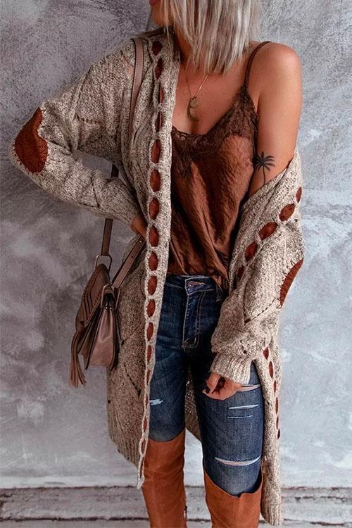 Elbow Patch Color Block Hoodied Midi Cardigan