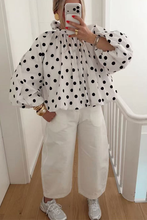 Lantern Long Sleeves Bow Back Slit Polka Dot Top