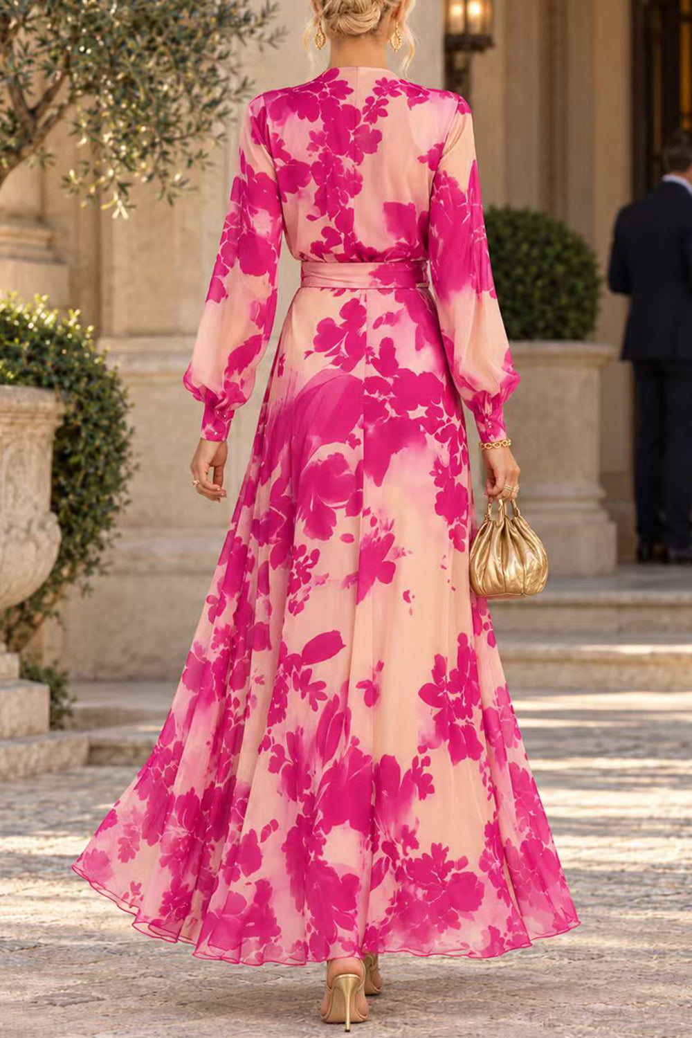 V-Neck Long Sleeve Floral Print Maxi Dress