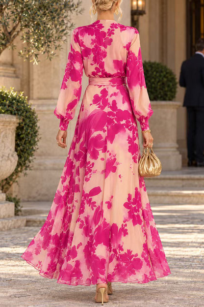 V-Neck Long Sleeve Floral Print Maxi Dress