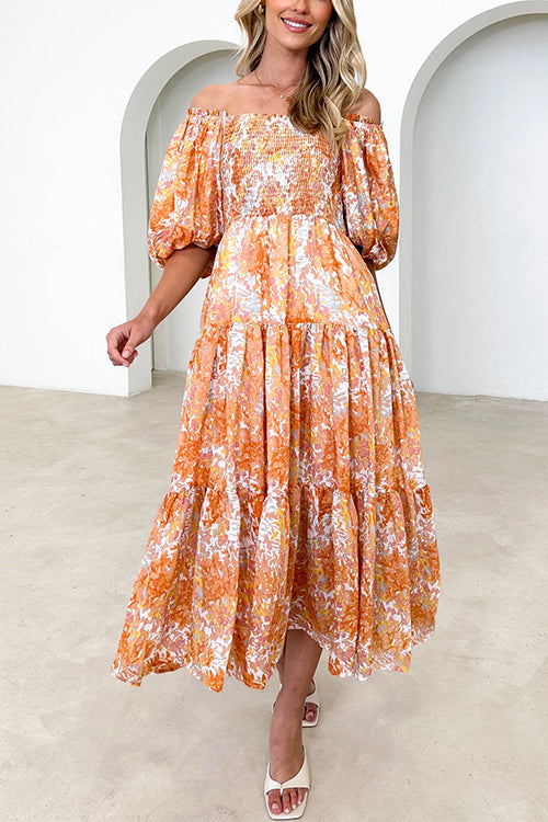 Off Shoulder Puff Sleeves Tiered Printed Midi Holiday Dress