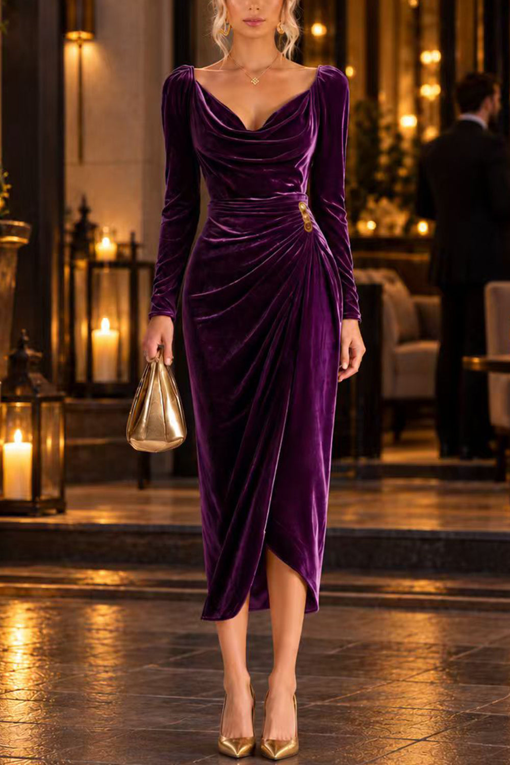 Cowl Neck Gold Accent Ruched Velvet Midi Dress