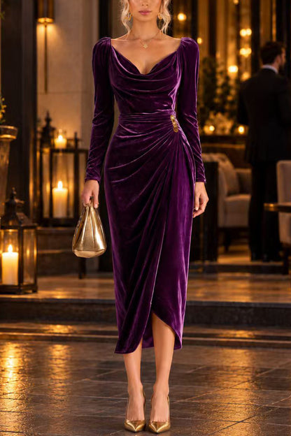 Cowl Neck Gold Accent Ruched Velvet Midi Dress