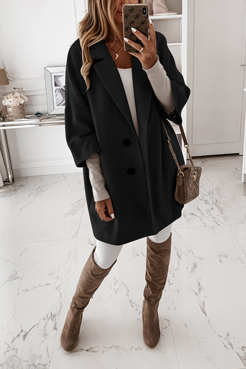 Lapel 3/4 Sleeve Pockets Midi Coat Black