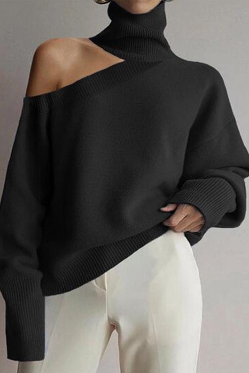 Turtleneck Cold Shoulder Solid Loose Sweater Black